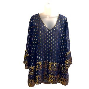 CALYPSO St. Barth Sheer Silk Navy Tunic Top W/Gold Metallic Detailing Size Large